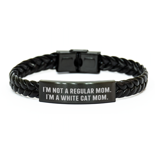 Funny White Cat Mom Gifts for Women, Interlaced Leather Bracelet for Graduation, 'I'm Not A Regular Mom. I'm A White Cat Mom.' Quote, Gifts from Family - Image 1