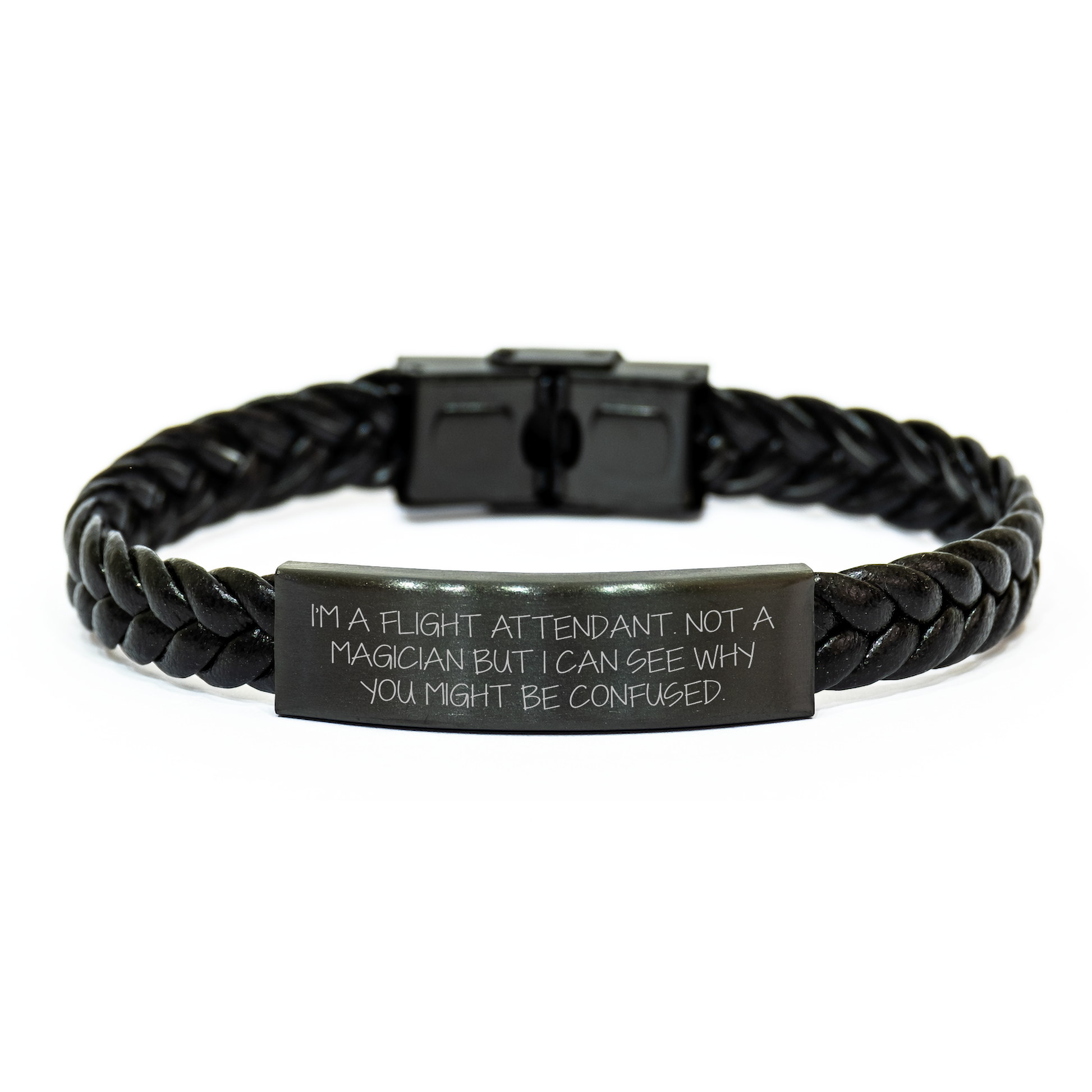 Flight Attendant Gifts for Men, Funny Interlaced Leather Bracelet, 'I'm A Flight Attendant. Not A Magician...' Quote, Father's Day Unique Gifts from Family, Coworkers or Friends - Image 1