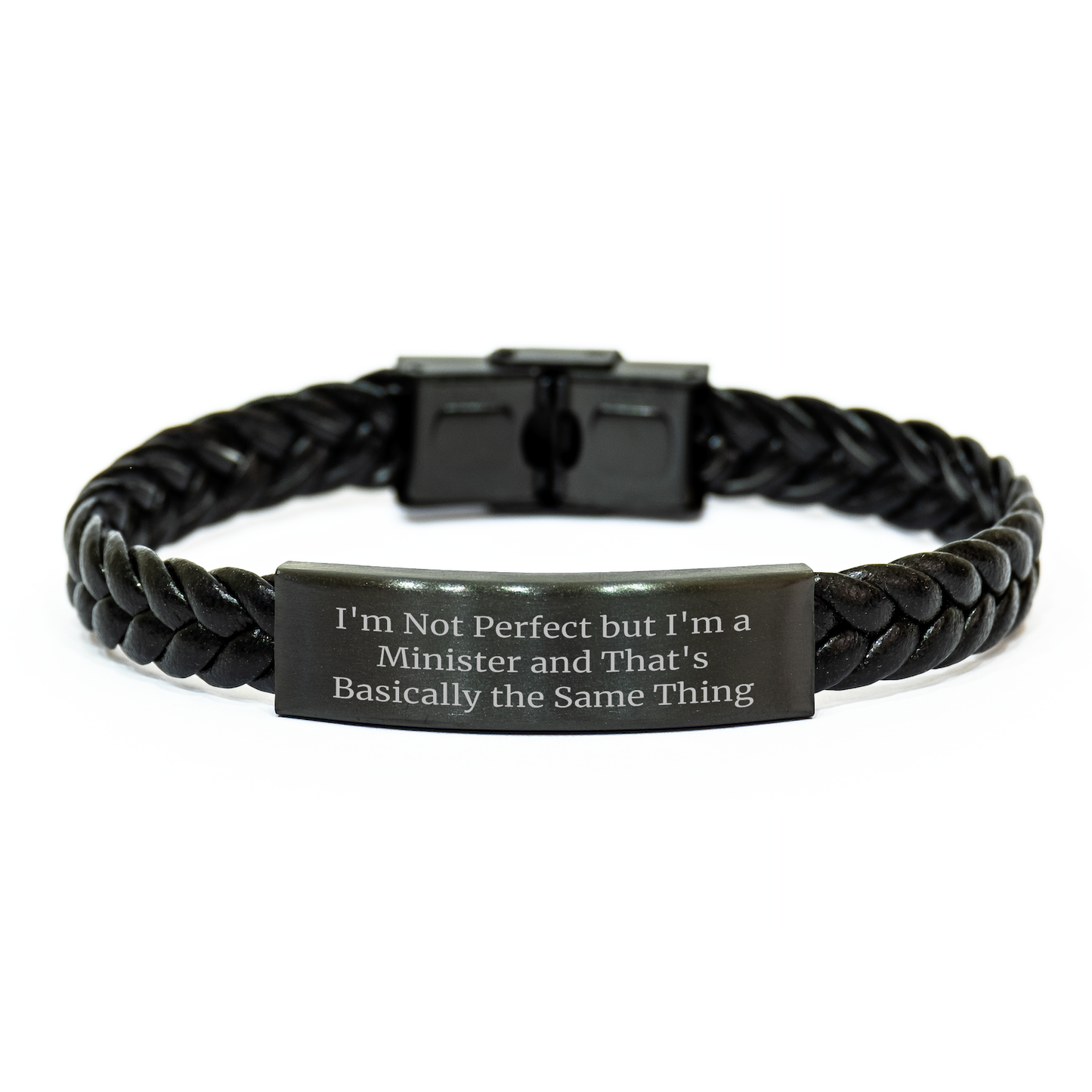 Funny Minister Gifts for Him or Her - Interlaced Leather Bracelet Quotes 'I'm Not Perfect But I'm A Minister And That's Basically The Same Thing' - Unique Father's Day Unique Gift from Men to Family - Image 1