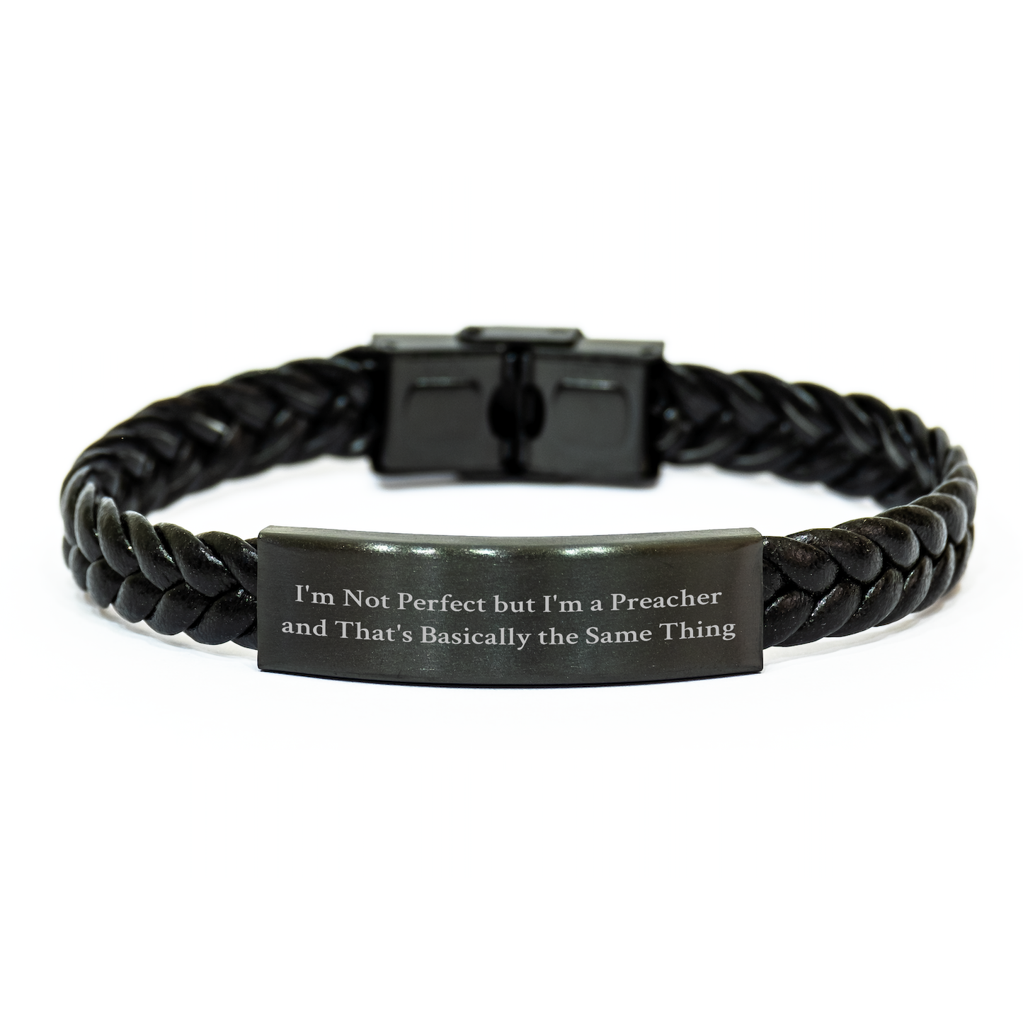 Funny Preacher Gifts, I'm Not Perfect But I'm A Preacher And That's Basically The Same Thing Interlaced Leather Bracelet for Father's Day - Image 1