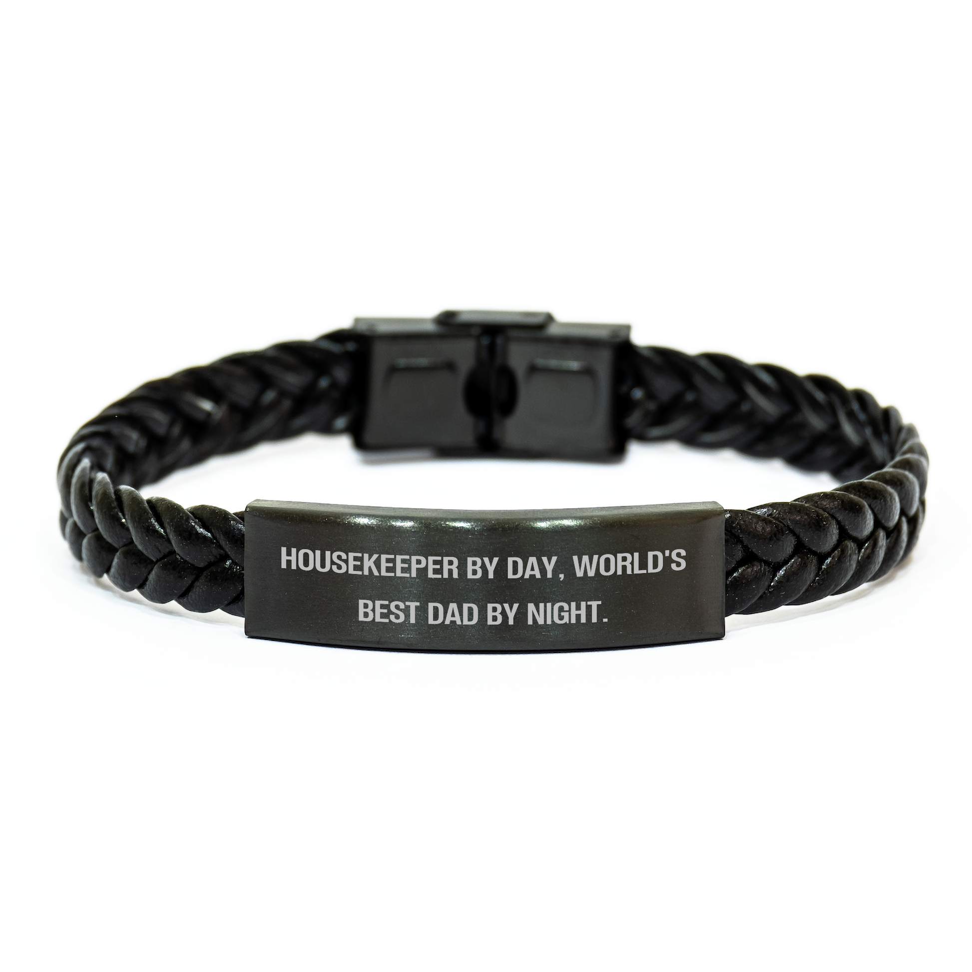 Funny Housekeeper Gifts - Interlaced Leather Bracelet for Men - 'Housekeeper By Day, World's Best Dad By Night.' Quote, Father's Day Unique Gifts from Family - Image 1