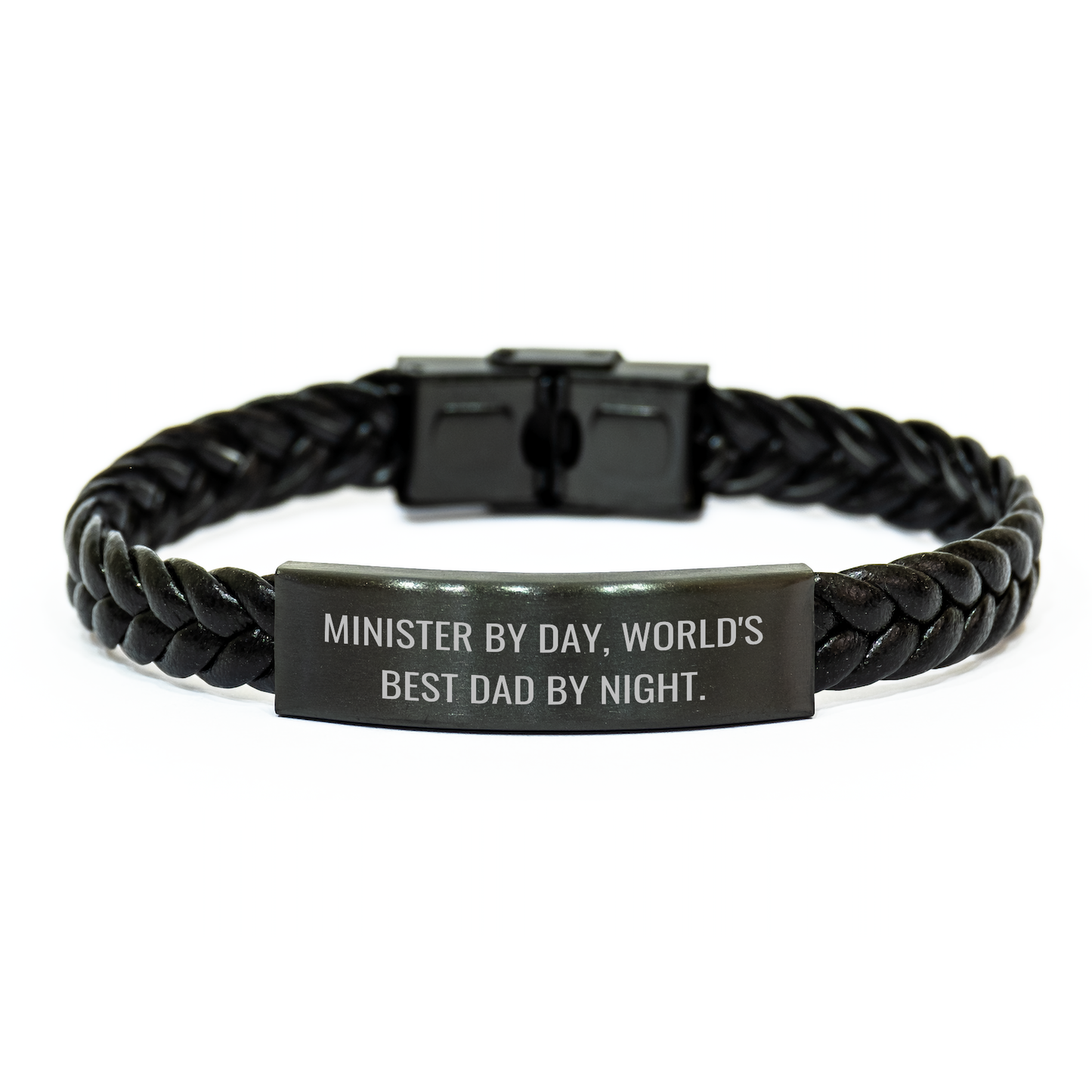 Minister Gifts, Interlaced Leather Bracelet, 'Minister By Day, World's Best Dad By Night.' - Unique Father's Day Unique Gifts from Men to Ministers - Image 1