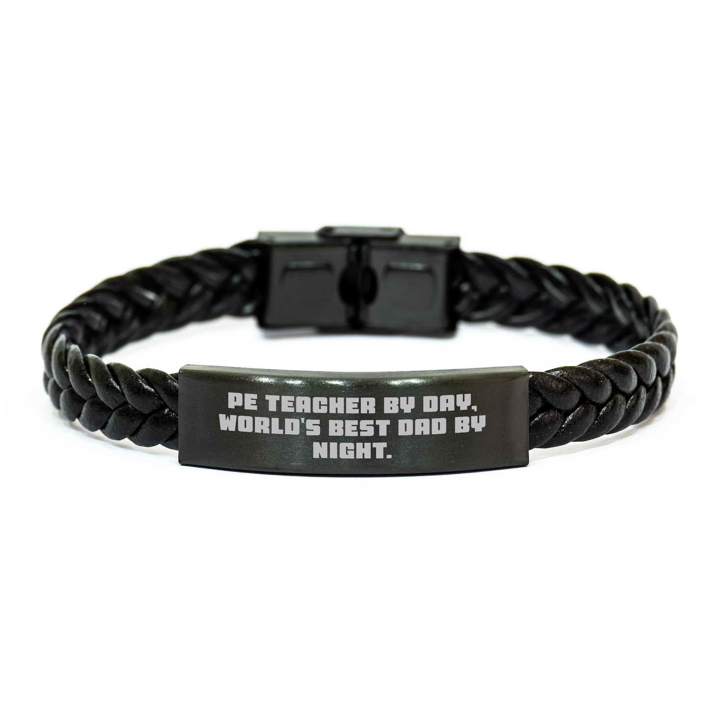 Funny PE Teacher Gifts for Men - Interlaced Leather Bracelet, 'Pe Teacher By Day, World's Best Dad By Night.' Quote, Gift for PE Teacher on Father's Day, Gifts from Family - Image 1