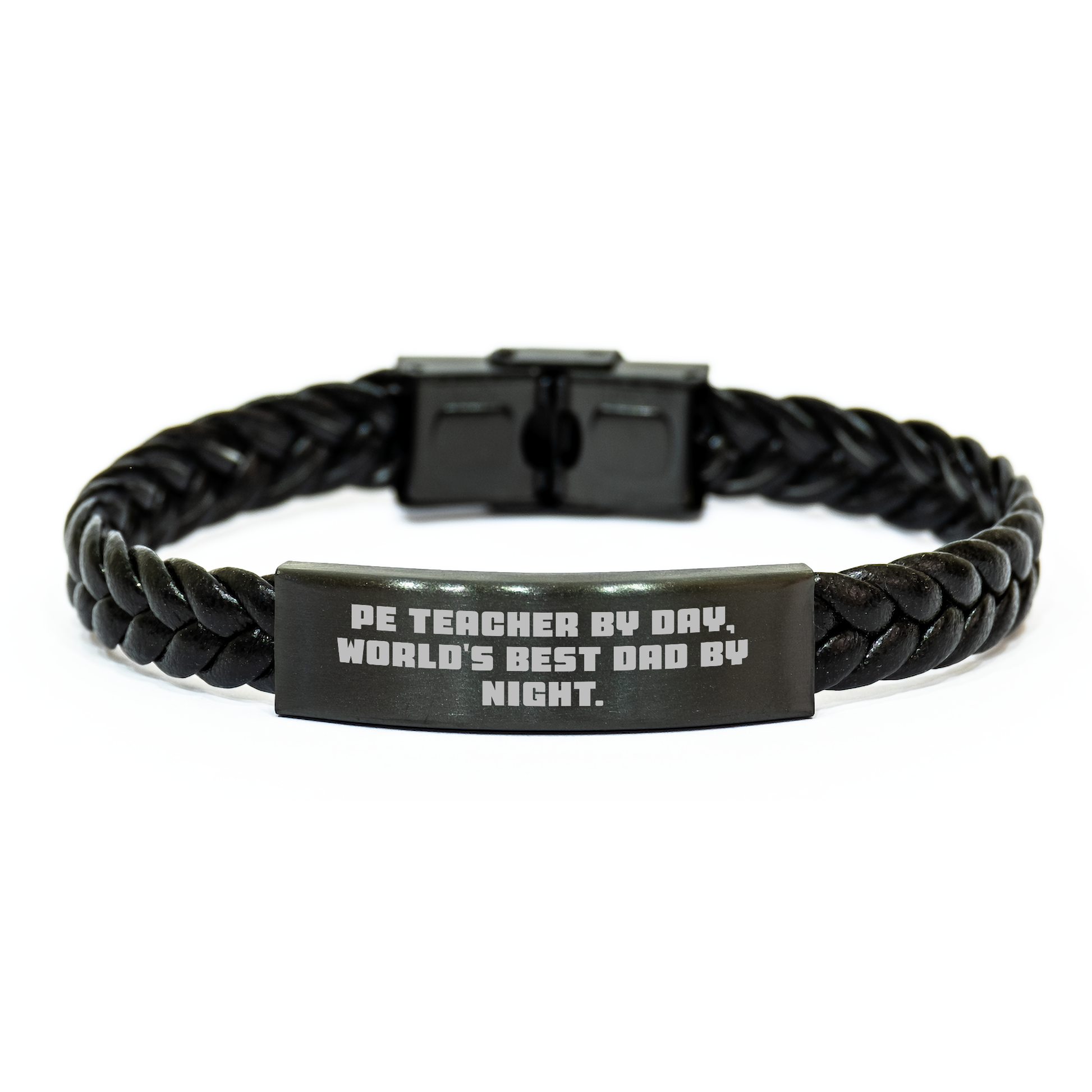 Funny PE Teacher Gifts for Men - Interlaced Leather Bracelet, 'Pe Teacher By Day, World's Best Dad By Night.' Quote, Gift for PE Teacher on Father's Day, Gifts from Family - Image 1