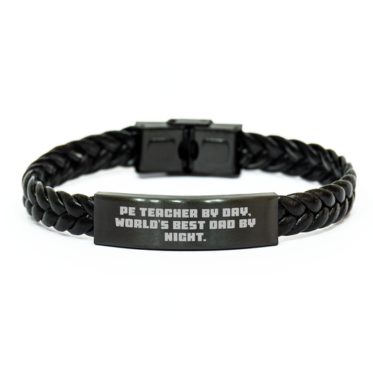 Funny PE Teacher Gifts for Men - Interlaced Leather Bracelet, 'Pe Teacher By Day, World's Best Dad By Night.' Quote, Gift for PE Teacher on Father's Day, Gifts from Family - Image 1