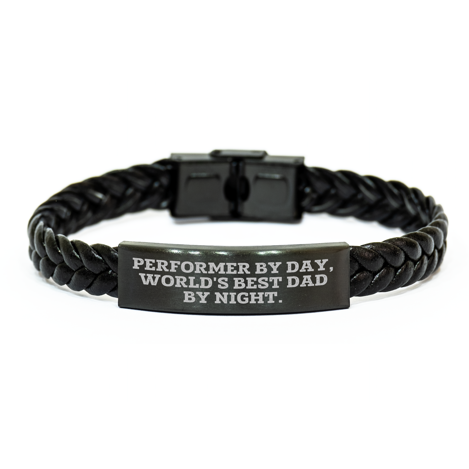 Performer Gifts, Funny Inspirational Interlaced Leather Braclets for Men, Father's Day Unique Gifts from Family, 'Performer By Day, World's Best Dad By Night.' - Image 1