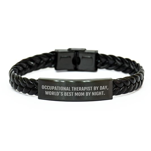 Occupational Therapist Gifts from Mom - Inspirational Interlaced Leather Bracelet for Graduation - 'Occupational Therapist By Day, World's Best Mom By Night.' - Image 1
