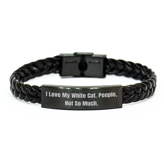 Funny White Cat Lover Gifts, Interlaced Leather Bracelet for Friends, Coworkers, Family, 'I Love My White Cat, People, Not So Much.' Quote, Graduation Unique Gifts from Friends, Family - Image 1