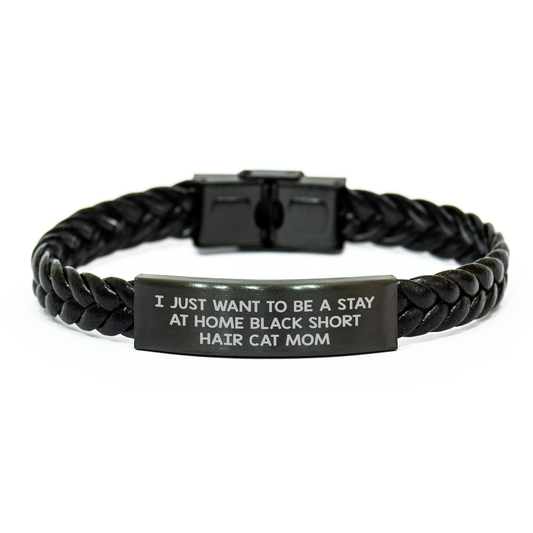 Black Short Hair Cat Mom Funny Gifts from Friends for Black Short Hair Cat Lovers, Interlaced Leather Graduation Unique Gifts, Stainless Steel PU Leather Interlaced Leather Bracelet - Image 1
