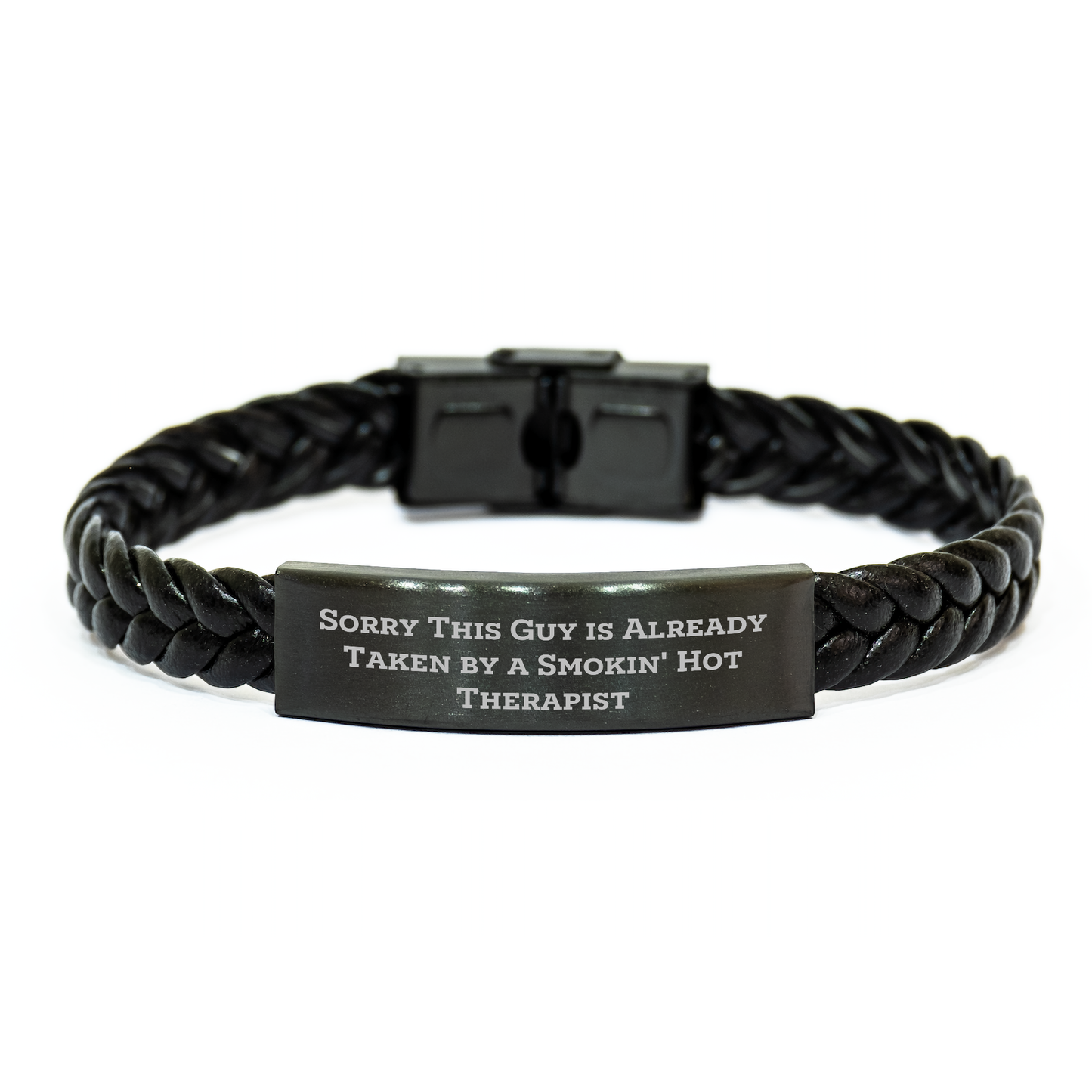 Funny Therapist Gifts - Sorry This Guy Is Already Taken By A Smokin' Hot Therapist Interlaced Leather Bracelet for Men, Women, Coworkers, Friends, Family - Unique Father's Day Unique Gifts from Men - Image 1
