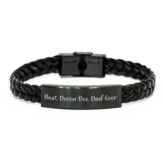 Funny Devon Rex Cat Gifts for Men - Best Dad Ever Interlaced Leather Bracelet, Father's Day Unique Gifts from Family - Image 1