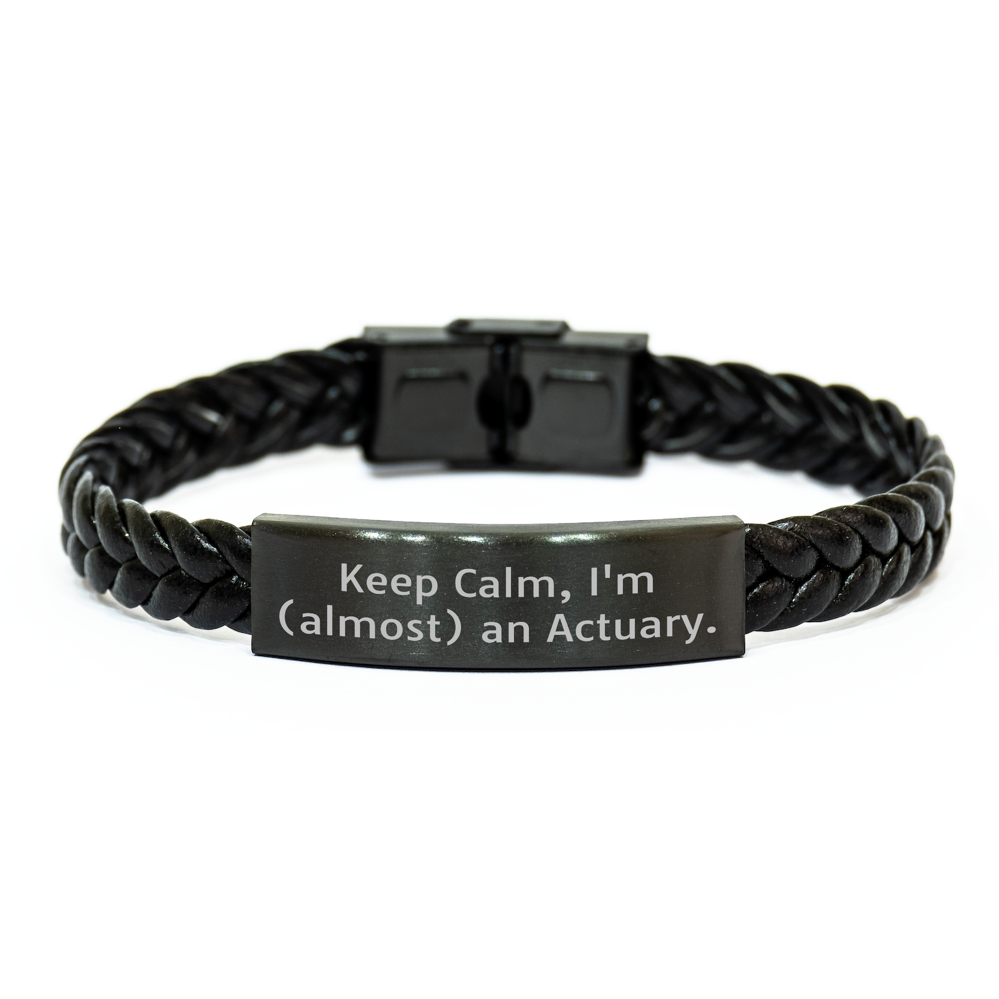 Funny Actuary Gifts, Keep Calm, I'm (almost) An Actuary. Interlaced Leather Bracelet for Actuary Graduation, Gifts from Friends for Actuary - Image 1