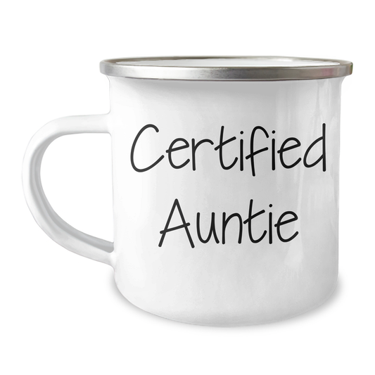 Funny Auntie Gifts for Men, Women, or Friends - 'Certified Auntie' Camping Mug, 12 oz Stainless Steel with Enamel Finish, Perfect for Father's Day or Any Occasion - Image 1