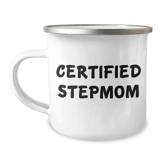 Funny Stepmom Gifts from Family, Unique Camping Mug for Stepmom's Graduation, 'Certified Stepmom' Quote, 12 oz Stainless Steel with Enamel Finish, Hand Wash Recommended - Image 1