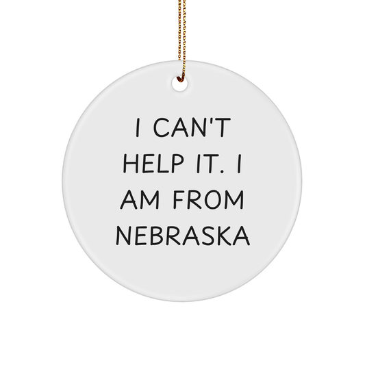 Nebraska Circle Ornament, 'I Can't Help It. I Am From Nebraska' Funny Quote, Gifts from Friends to Family, Unique Christmas Decor - Image 1
