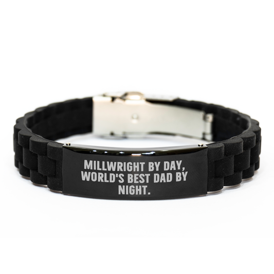Millwright Gifts by Day, World's Best Dad by Night - Glide lock Clasp Black Stainless Steel Silicone Adjustable Bracelet, Perfect Father's Day Unique Gifts from Men to Millwright - Image 1