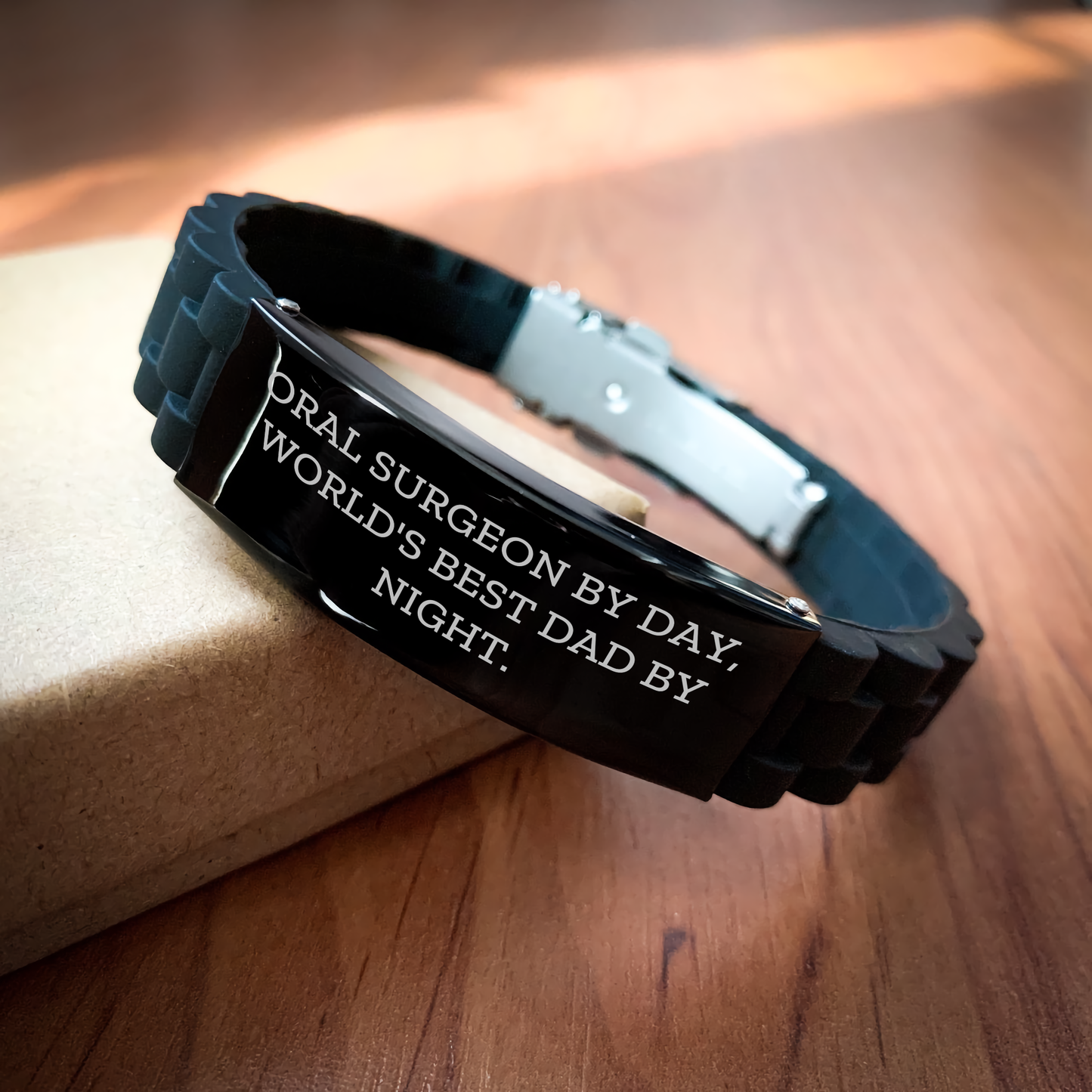 Oral Surgeon Gifts by Day, Dad's Proud by Night - Adjustable Glide lock Clasp Black Stainless Steel Silicone Bracelet with Premium Bag, Gifts from Men for Oral Surgeon, Father's Day Unique Gifts - Image 2