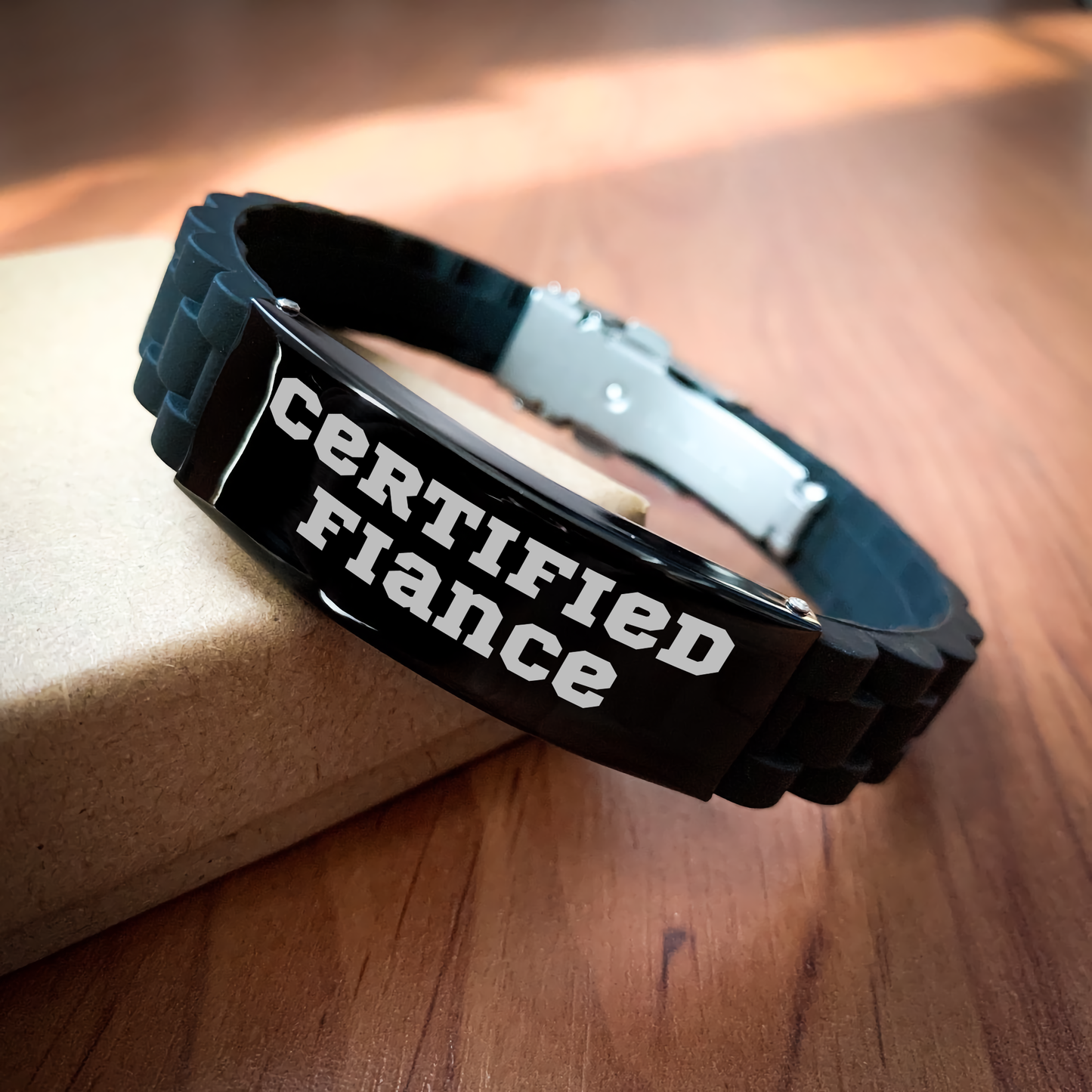 Funny Fiance Gifts from Men to Fiance - Certified Fiance Glide lock Clasp Black Stainless Steel Silicone Adjustable Bracelet for Father's Day - Image 2