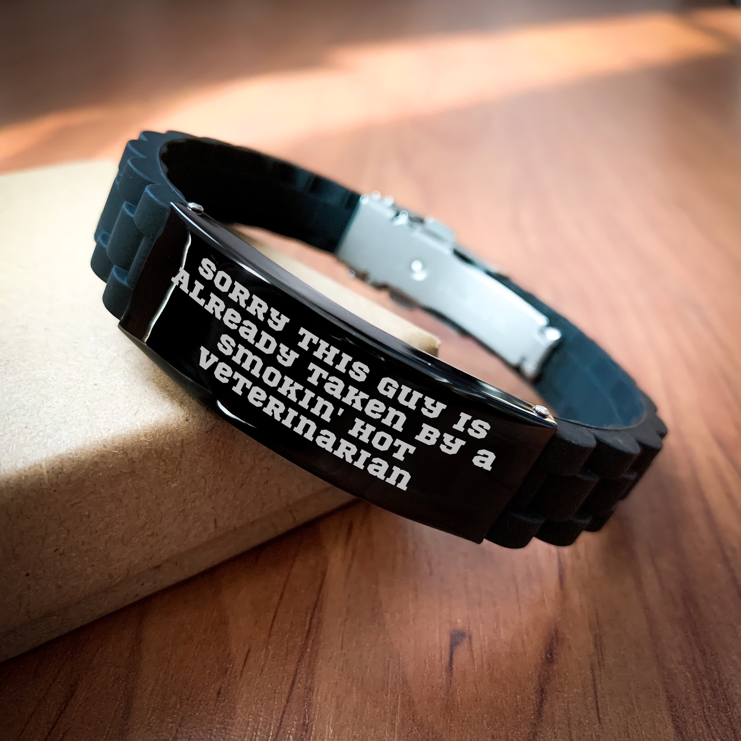 Funny Veterinarian Gifts from Men to Veterinarian on Father's Day - Glide lock Clasp Black Stainless Steel Silicone Adjustable Bracelet, Sorry This Guy Is Already Taken By A Smokin' Hot Veterinarian - Image 2