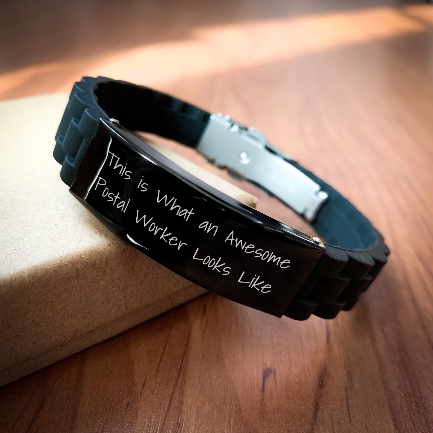 Funny Postal Worker Gifts from Friends for Awesome Postal Worker - Glide lock Clasp Black Stainless Steel Silicone Adjustable Men's Women's Gift for Father's Day - Image 2