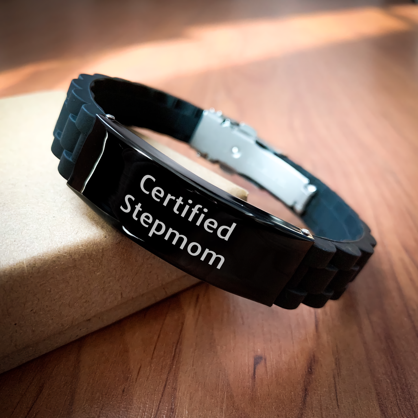 Funny Certified Stepmom Gifts from Men to Stepmom for Graduation - Adjustable Glide lock Clasp Black Stainless Steel Silicone Bracelet - Image 2
