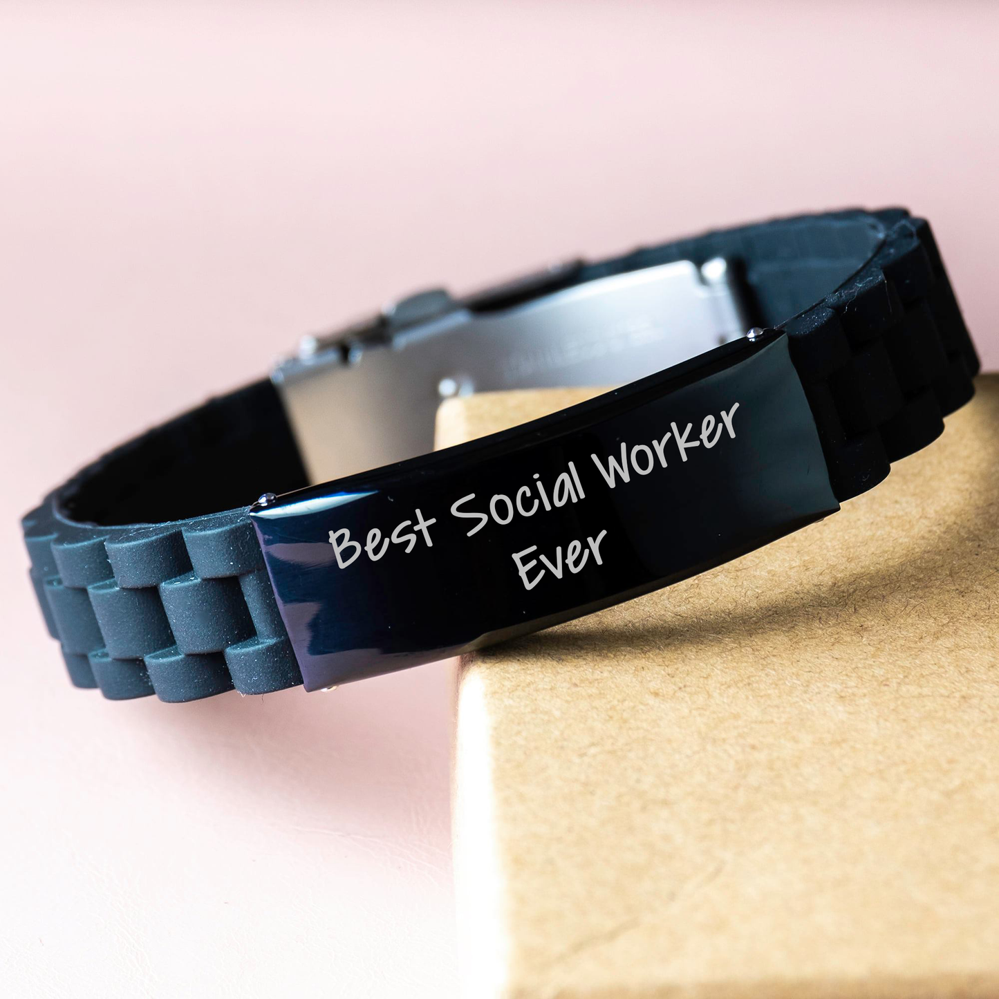 Social Worker Best Quotes Funny Gifts from Men to Social Workers on Father's Day - Glide lock Clasp Adjustable Black Stainless Steel Silicone Bracelet - Image 3
