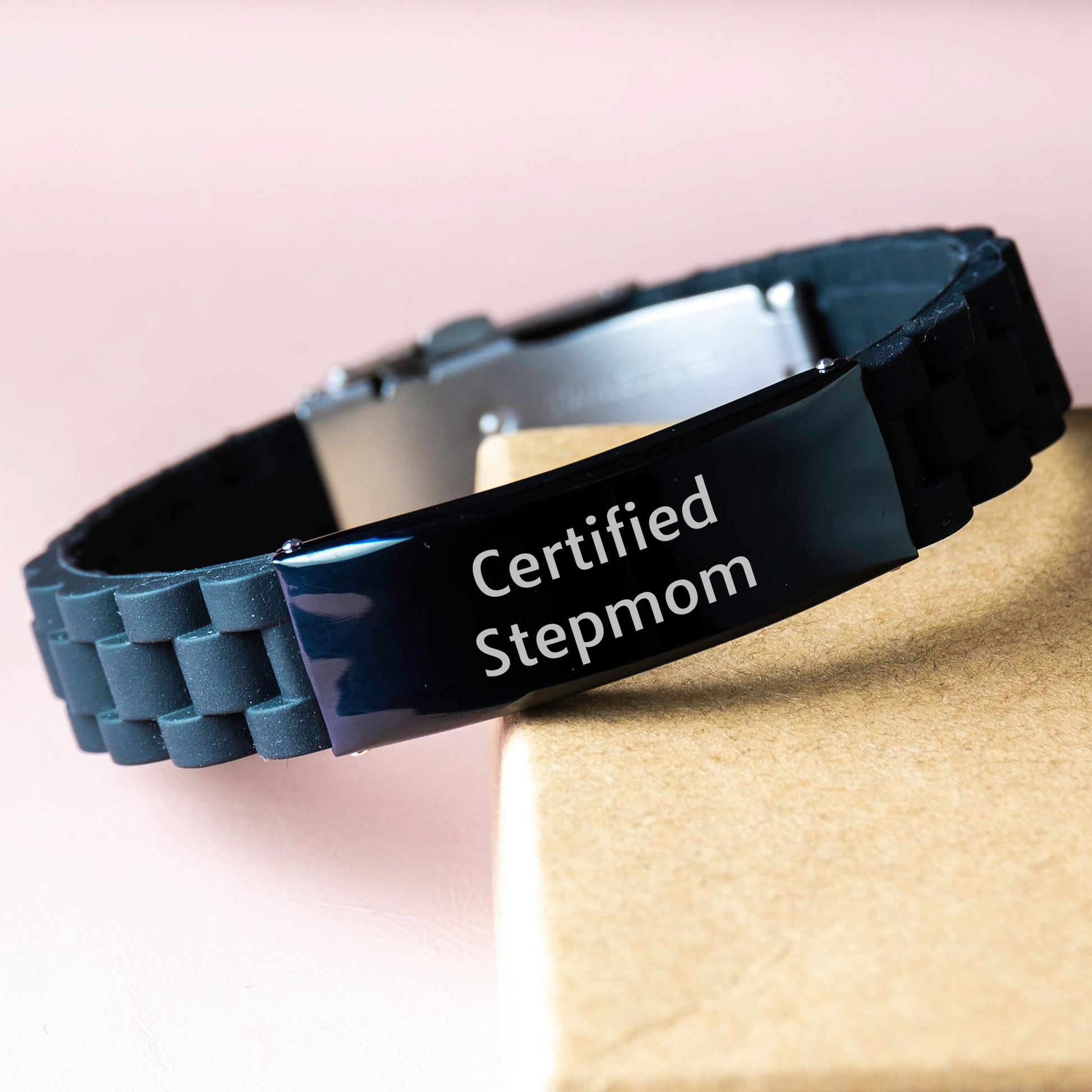 Funny Certified Stepmom Gifts from Men to Stepmom for Graduation - Adjustable Glide lock Clasp Black Stainless Steel Silicone Bracelet - Image 3
