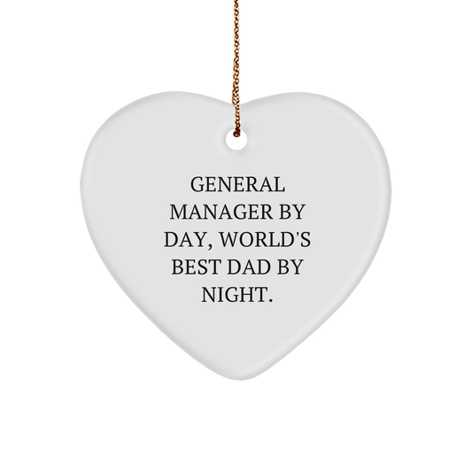 General Manager Gifts, Heart Ornament for Christmas, 'General Manager By Day, World's Best Dad By Night.' Quote, Gifts from Men to General Manager - Image 1