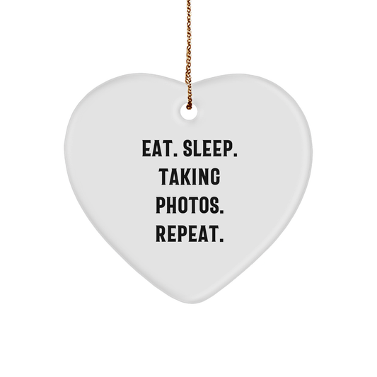 Funny Heart Ornament for Taking Photos Enthusiasts - Gifts from Friends for Christmas, Eat. Sleep. Taking Photos. Repeat. - Heart-Shaped MDF with High-Gloss Finish - Image 1
