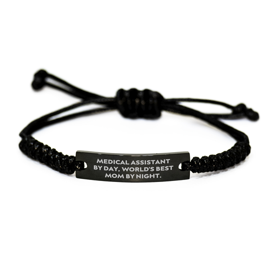 Medical Assistant Graduation Gifts from Mom - 'By Day, World's Best Mom By Night.' Quote Black Rope Adjustable Cuff, Packaged in Organza Bag - Image 1