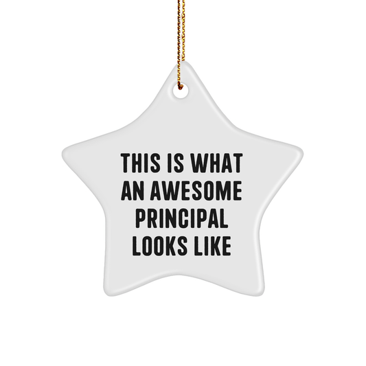 Funny Principal Gifts from Men to Star Ornament for Christmas, 'This Is What An Awesome Principal Looks Like' Quote, White Star Shaped MDF with High-Gloss Finish - Image 1