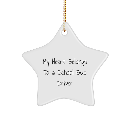 School Bus Driver Gifts: 'My Heart Belongs To A School Bus Driver' Star Ornament, White, 3.25" Tall - Perfect for Christmas Unique Gifts from Friends to Family - Image 1