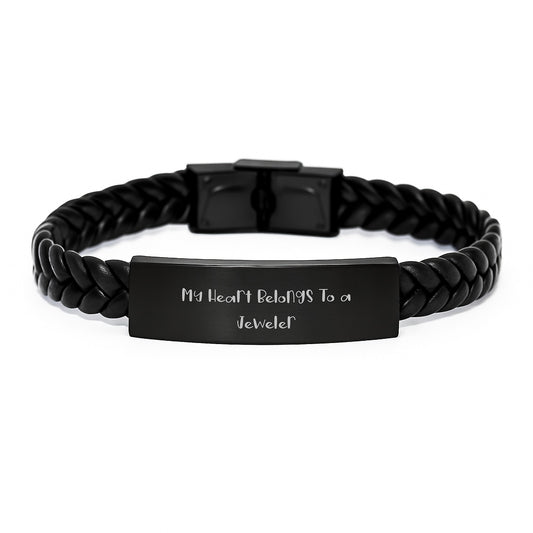 Funny Jeweler Gifts from Men to Women - Interlaced Leather Bracelet for Graduation 'My Heart Belongs To A Jeweler' - Stylish Stainless Steel and PU Leather Combination - Image 1