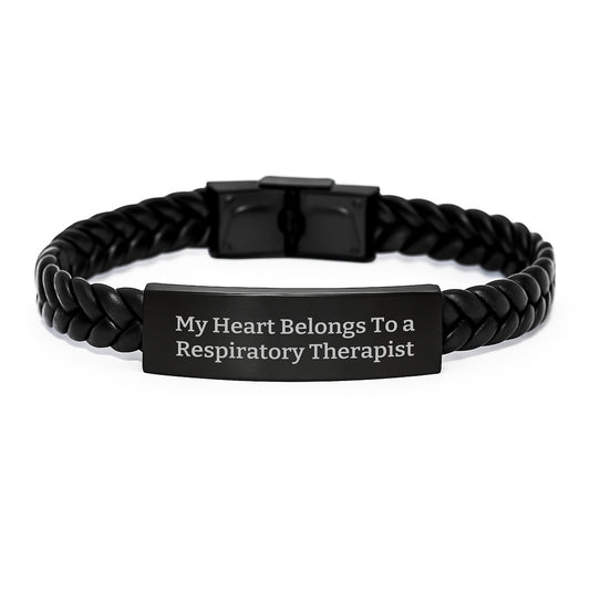 Funny Inspirational Gifts from Men to Respiratory Therapist My Heart Belongs To A Respiratory Therapist Interlaced Leather Bracelet for Graduation - Image 1
