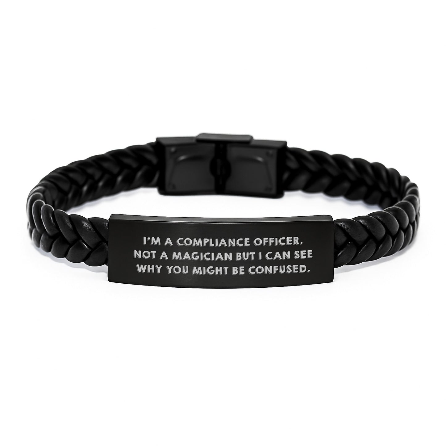 Compliance Officer Gifts, Graduation Unique Gifts from Friends to Compliance Officer - Interlaced Leather Bracelet, Funny Quote, 'I'm a Compliance Officer, Not a Magician...' - Image 1
