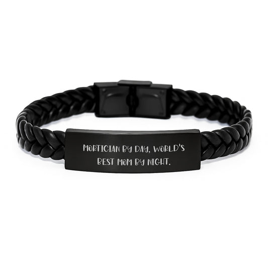 Mortician Gifts: Funny Interlaced Leather Braclet for Men, 'Mortician By Day, World's Best Mom By Night' Quote, Stainless Steel and PU Leather, 7.87 inches, Gifts from Friends, Gifts for Mortician - Image 1