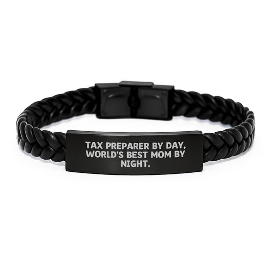 Tax Preparer Gifts by Day, World's Best Mom Interlaced Leather Bracelet, Graduation Unique Gifts from Mom to Tax Preparer - Image 1