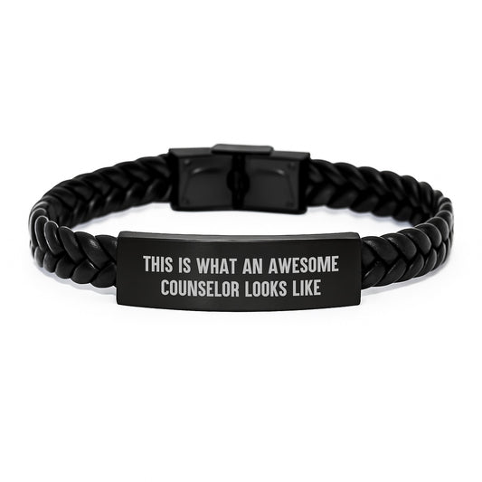 Counselor Gifts, Awesome Counselor Interlaced Leather Bracelet, Funny Quote, Birthday Unique Gifts from Friends, Gifts for Counselor - Image 1