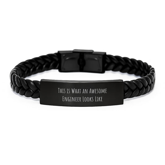 Engineer Gifts from Friends for Birthday - Interlaced Leather Bracelet with Stainless Steel, Quote 'This Is What An Awesome Engineer Looks Like' - Image 1