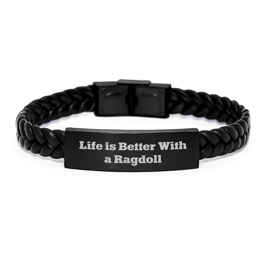 Ragdoll Cat Enthusiasts Gifts from Friends for Birthday - Interlaced Leather Bracelet with 'Life Is Better With A Ragdoll' Quote - Image 1
