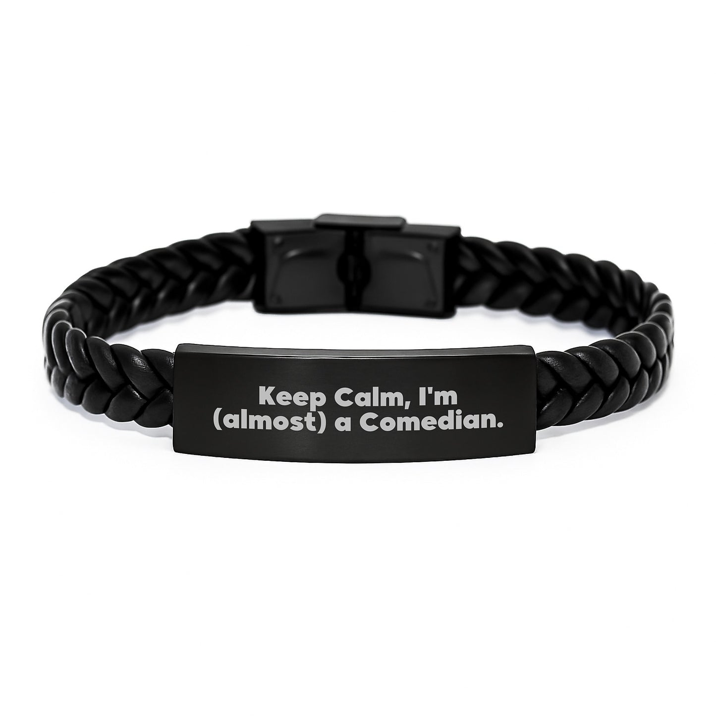 Funny Comedian Gifts, Keep Calm I'm (almost) A Comedian Interlaced Leather Bracelet for Graduation, Gifts from Friends, Coworkers, Family, Gifts for Comedian Men - Image 1