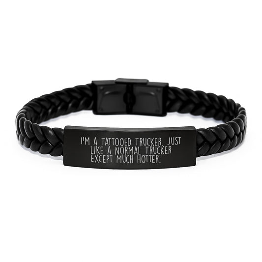 Gifts from Friends for the Hottest Trucker, Interlaced Leather Trucker Gift, Funny Quote for Graduation, Trucker Jewelry, Stainless Steel PU Leather Interlaced Leather Bracelet - Image 1
