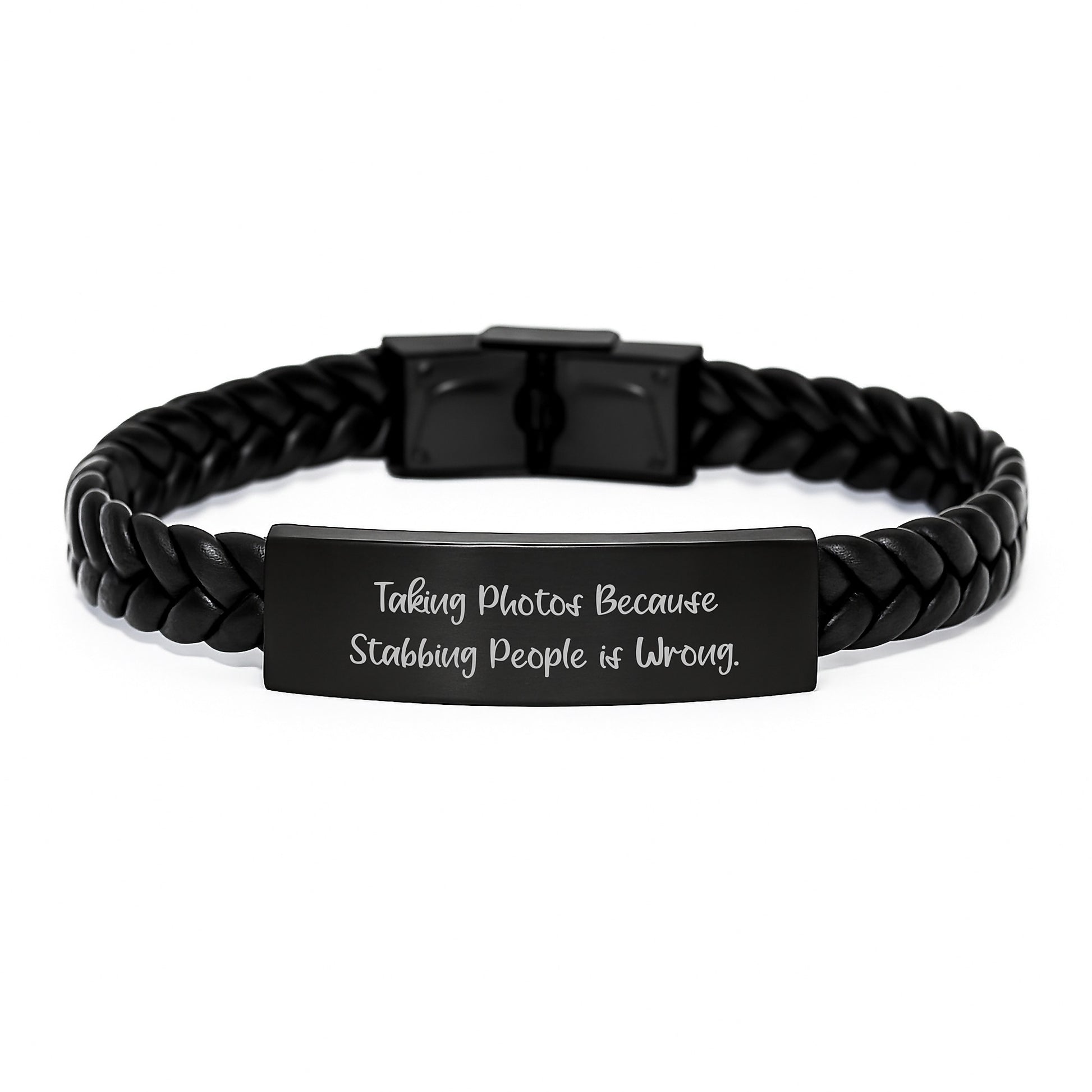 Funny Taking Photos Gifts for Men, Interlaced Leather Bracelet from Friends, 'Taking Photos Because Stabbing People Is Wrong.' Quote, 7.87 inches, Birthday Unique Gifts - Image 1