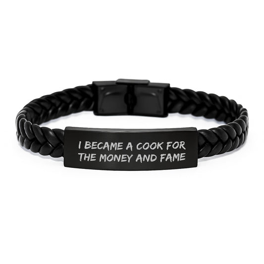 Funny Cook Gifts for Men from Family - I Became A Cook For The Money And Fame Inspired Interlaced Leather Bracelet for Graduation - Image 1
