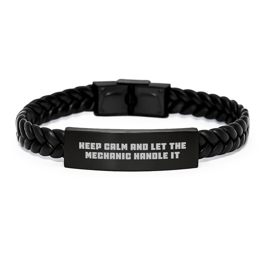 Funny Mechanic Gifts from Friends for Graduation Unique Interlaced Leather Bracelets with Quote 'Keep Calm And Let The Mechanic Handle It' - Image 1