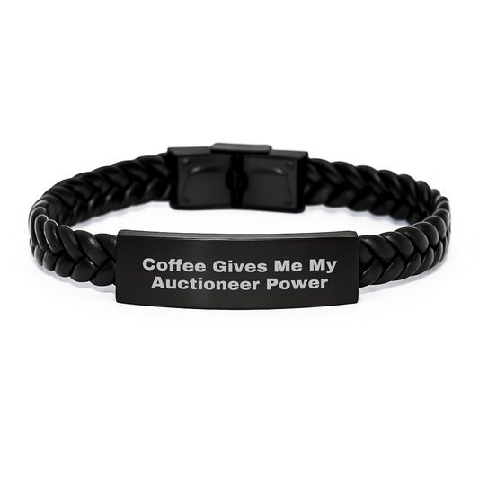 Coffee Fuels My Auctioneer Skills, Interlaced Leather Birthday Unique Gifts for Men Friends, 7.87 inches Long, Stainless Steel Engraved, Gifts from Family to Auctioneer - Image 1