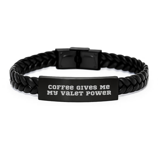 Funny Valet Gifts from Friends and Family - Interlaced Leather Birthday Presents for Him or Her - Coffee Gives Me My Valet Power - Image 1