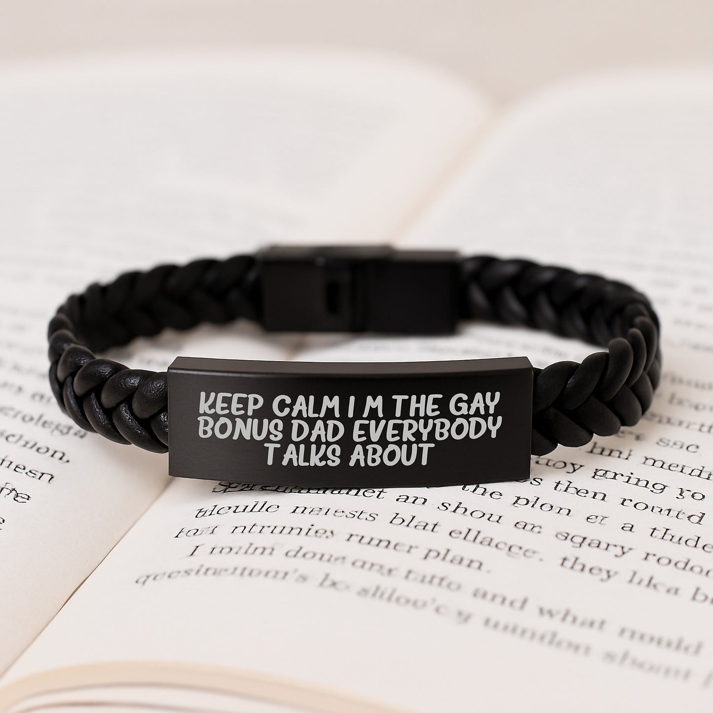 Funny Bonus Dad Gifts - Interlaced Leather Bracelet with Quote 'Keep Calm I'm The Gay Bonus Dad Everybody Talks About' for Birthday - Image 3