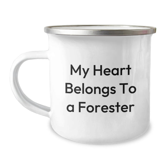 Funny Forester Gifts - My Heart Belongs To A Forester, Camping Mug for Graduation, Gifts from Family to Friends, 12 oz Stainless Steel with Enamel Finish - Image 1