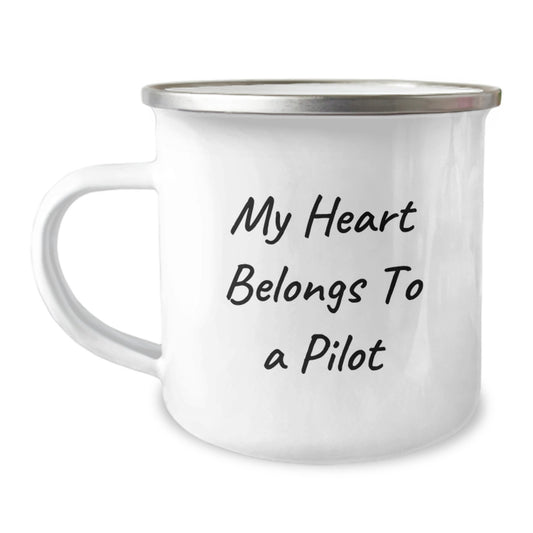 Pilot Gifts from Friends - My Heart Belongs To A Pilot, Funny Camping Mug for Graduation, 12 oz Stainless Steel with Enamel Finish - Image 1